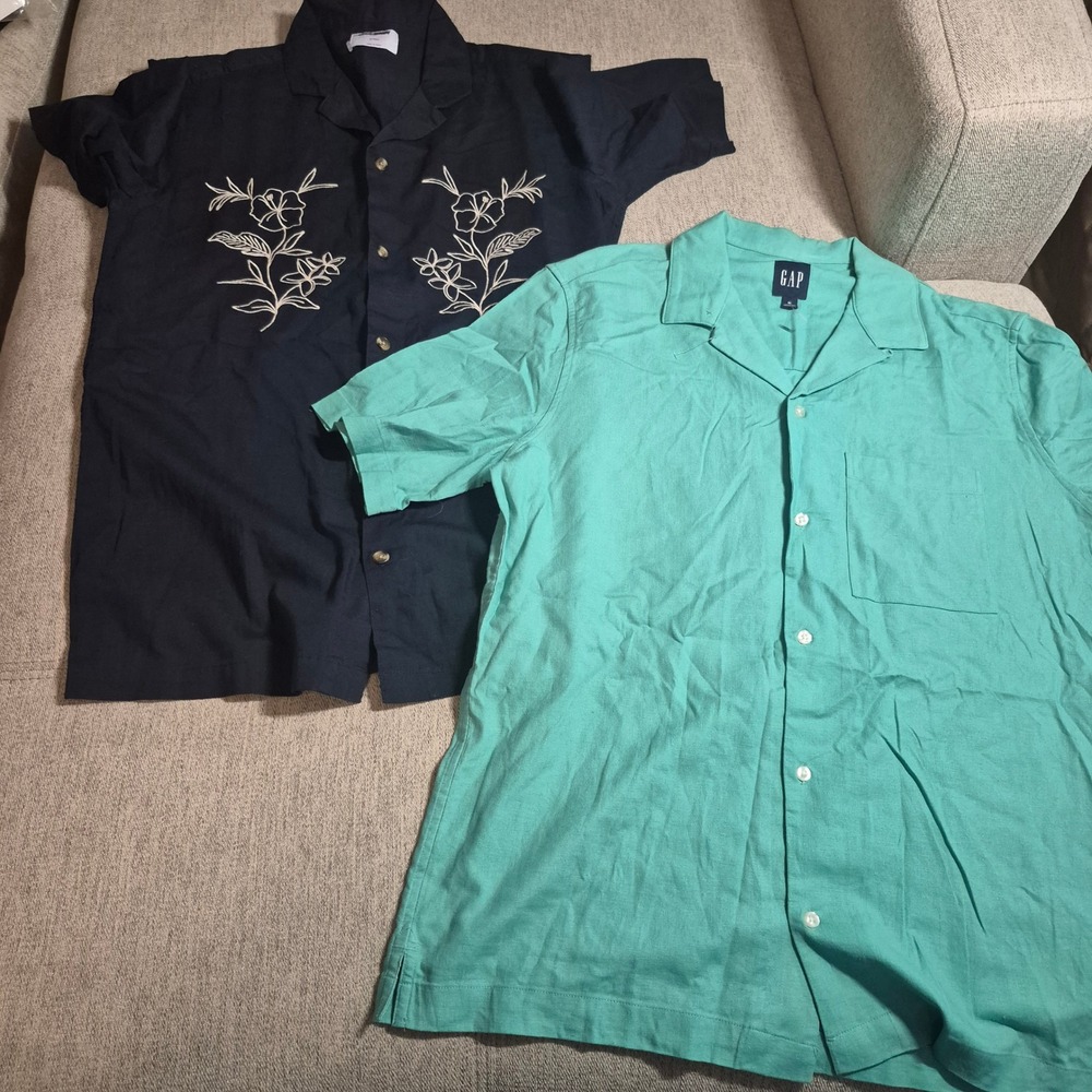 Mens Shirt Bundle Gap Teal Linen Blend-m  & Navy Floral Embroidered-m tall
